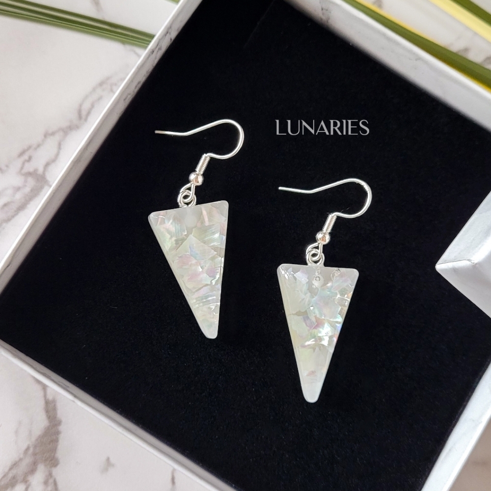 Mother Of Pearl Resin Earrings, Iridescent Triangles, Hypoallergenic - Picture 10 of 12